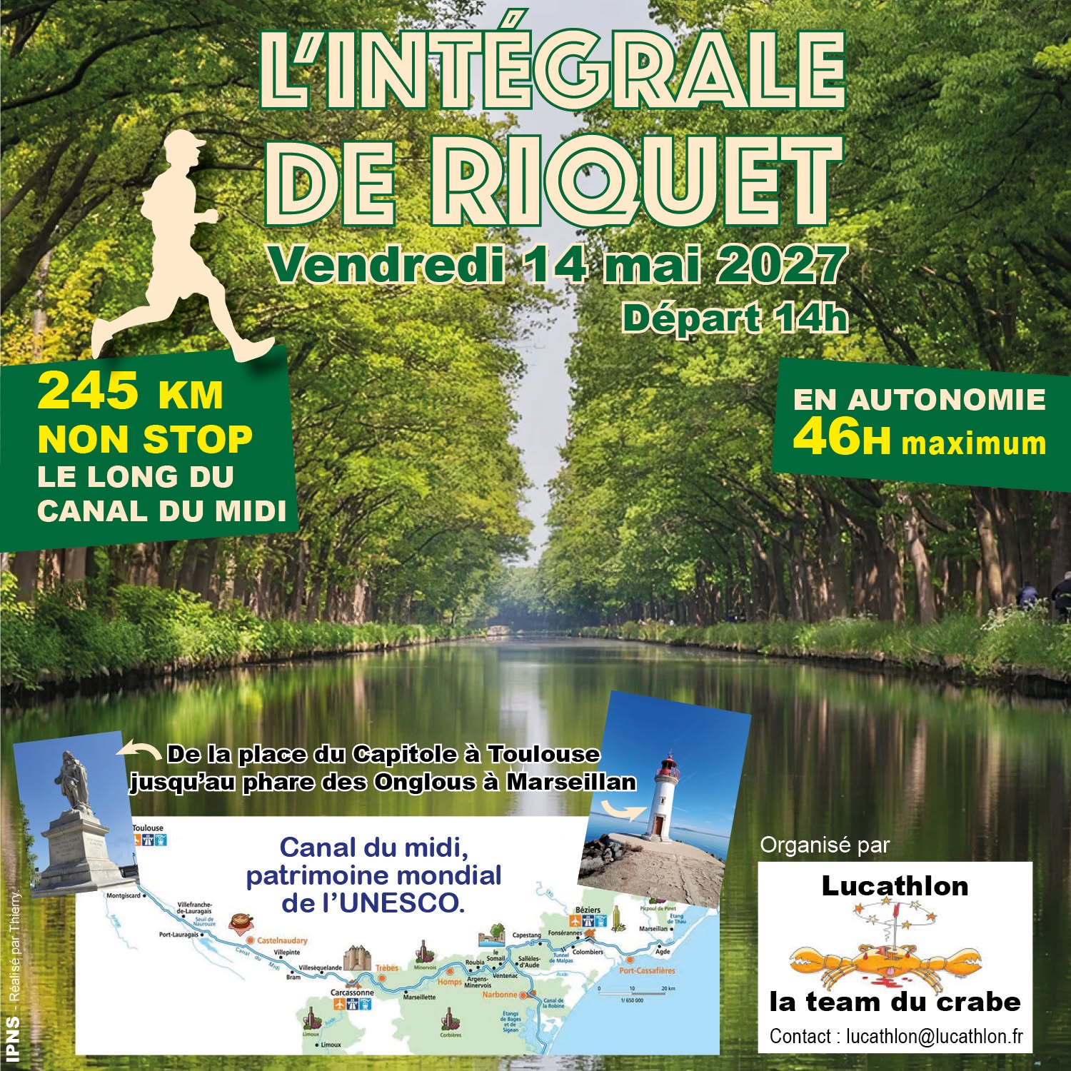 Affiche officielle de l'Intégrale de Riquet : édition du vendredi 14 mai 2027, 245 km non-stop le long du canal du Midi.