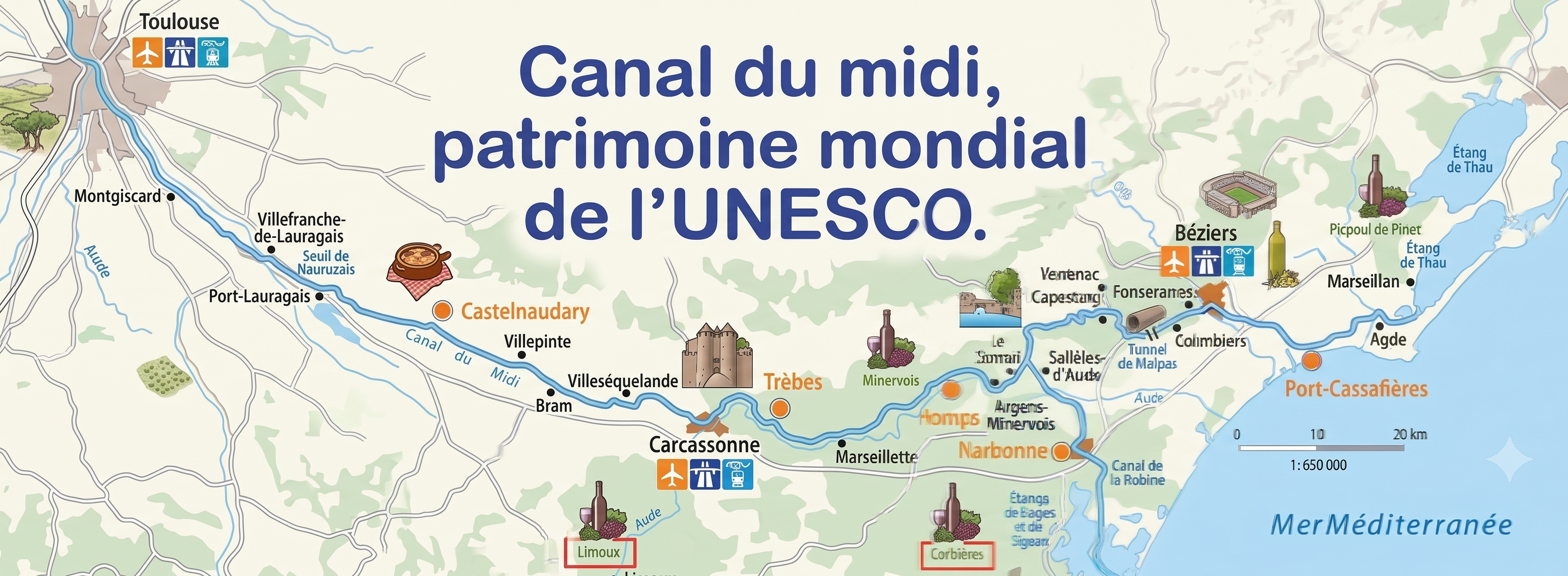 Carte du parcours le long du canal du Midi, de Toulouse à Marseillan, en passant par Castelnaudary, Carcassonne, Trèbes, Narbonne et Béziers.